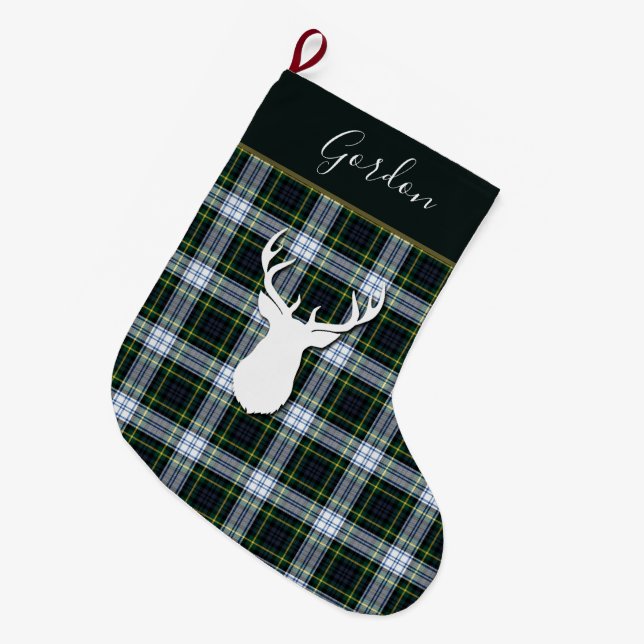 Tartan Deer Plaid Clan Gordon Deer Custom Large Christmas Stocking (Front (Hanging))