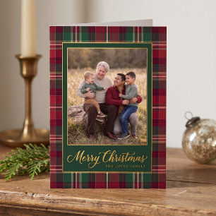 Tartan Design Merry Christmas Family Photo Foil Holiday Card