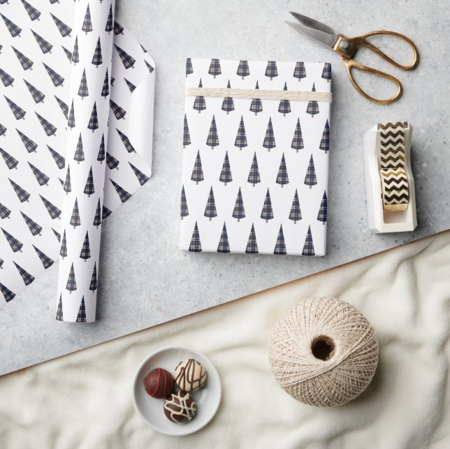 Tartan Fashion Christmas Tree Pattern Blue Wrapping Paper (Crafts)