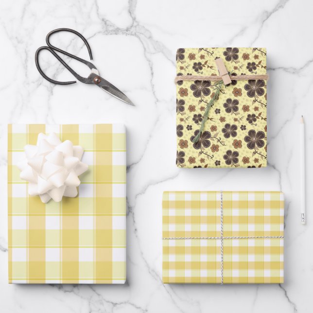 Tartan flower yellow brown set wrapping paper (Front)