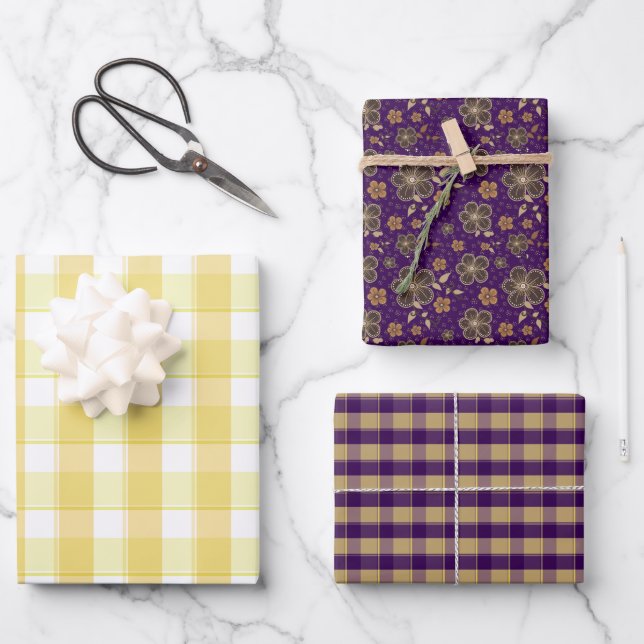 Tartan flower yellow purple set wrapping paper (Front)