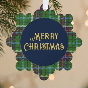 Tartan Frame Merry Christmas Navy & Gold Paper Ornament Card