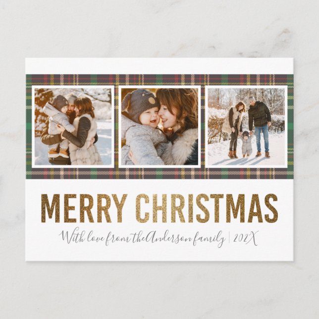 Tartan & Gold Merry Christmas 3 Family Photo Postcard (Front)
