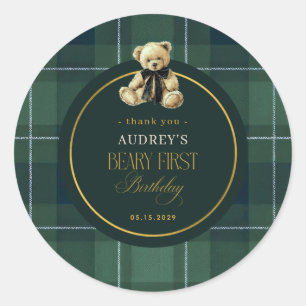 Tartan Green Polo Plaid Teddy Beary 1st Birthday Classic Round Sticker