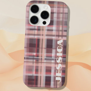 Tartan Monogram Burgundy Red Blush Pink Stripes iPhone 16 Pro Case
