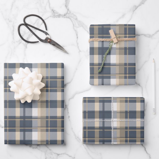 Tartan - Navy, Sand and Natural White Wrapping Paper Sheet (Front)