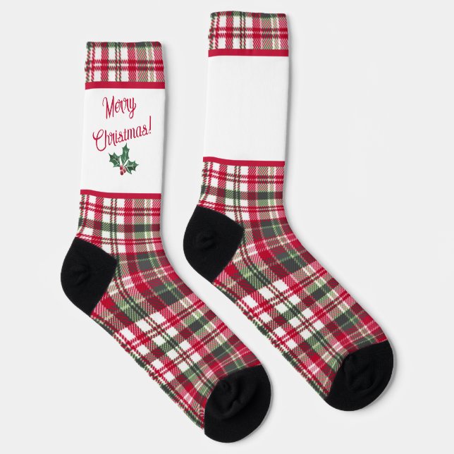 Tartan pattern and holly merry christmas socks (Right)
