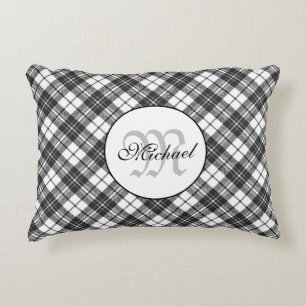 Tartan pattern Christmas black white Monogram Accent Pillow