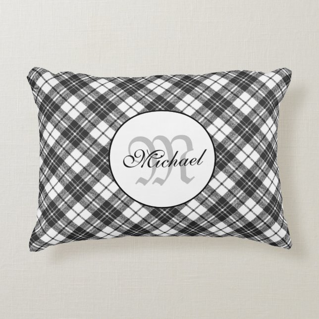Tartan pattern Christmas black white Monogram Accent Pillow (Front)