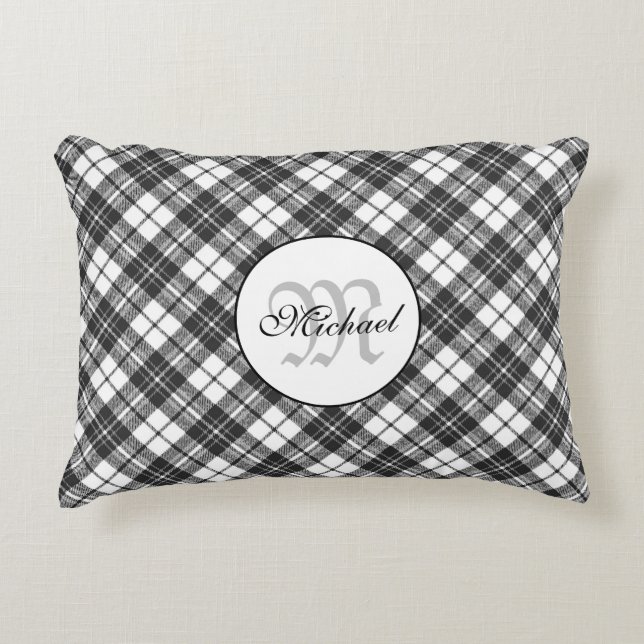 Tartan pattern Christmas black white Monogram Accent Pillow (Front)