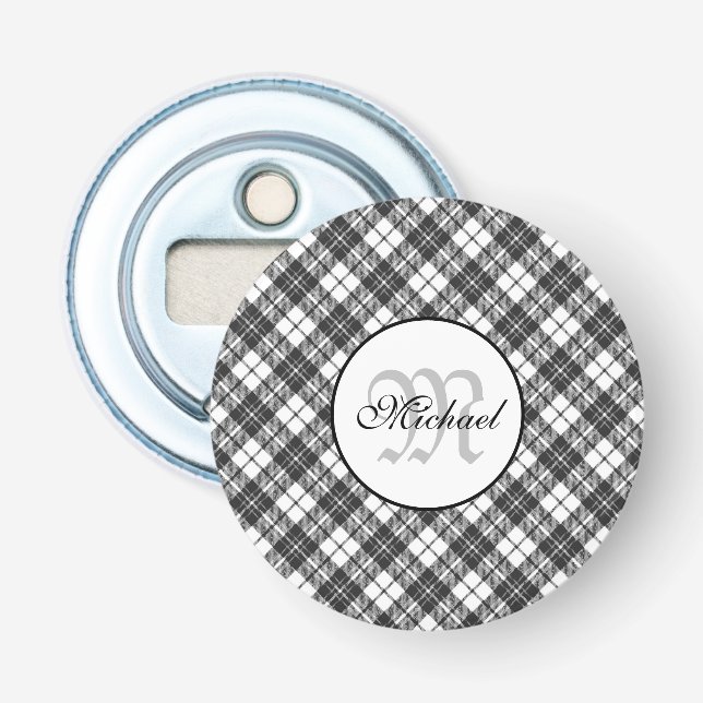 Tartan pattern Christmas black white Monogram Bottle Opener (Front)