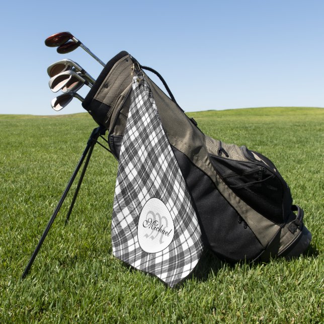 Tartan pattern Christmas black white Monogram Golf Towel (Green)