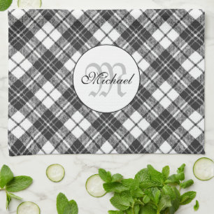 Tartan pattern Christmas black white Monogram Kitchen Towel