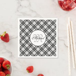 Tartan pattern Christmas black white Monogram Napkin