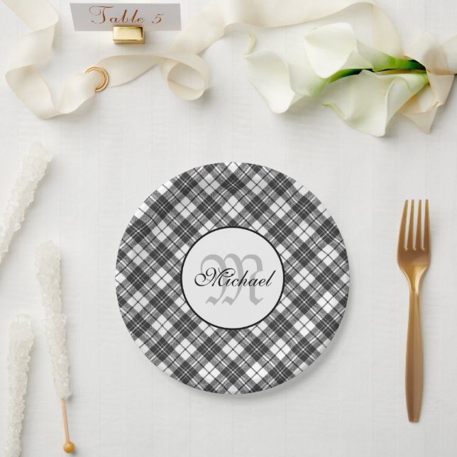 Tartan pattern Christmas black white Monogram Paper Plate (Wedding)
