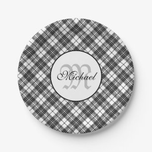Tartan pattern Christmas black white Monogram Paper Plate