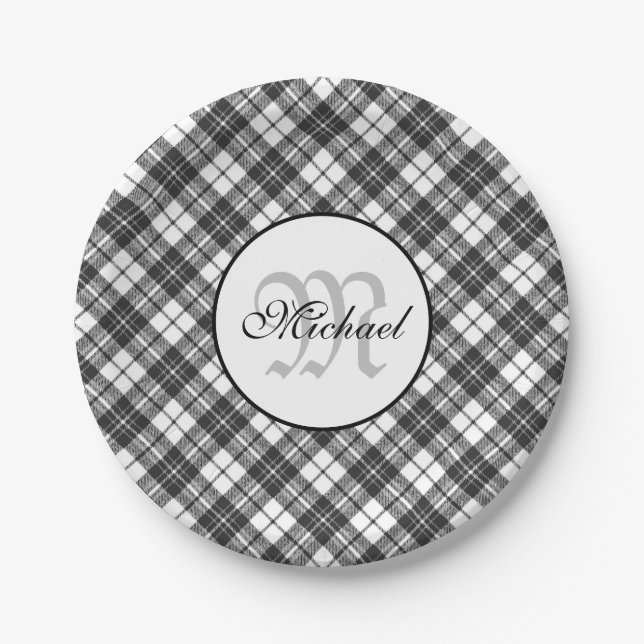 Tartan pattern Christmas black white Monogram Paper Plate (Front)