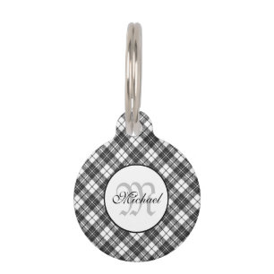 Tartan pattern Christmas black white Monogram Pet Tag