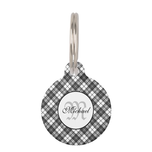 Tartan pattern Christmas black white Monogram Pet Tag (Front)