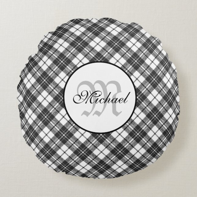 Tartan pattern Christmas black white Monogram Round Pillow (Front)