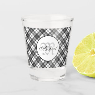 Tartan pattern Christmas black white Monogram Shot Glass
