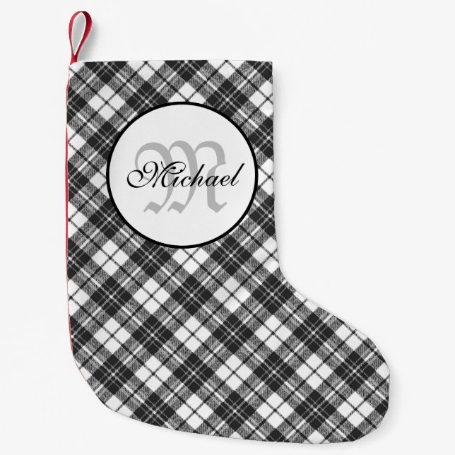 Tartan pattern Christmas black white Monogram Small Christmas Stocking (Front)