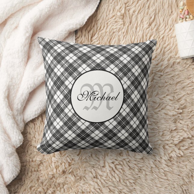 Tartan pattern Christmas black white Monogram Throw Pillow (Blanket)