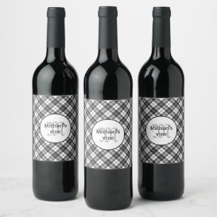 Tartan pattern Christmas black white Monogram Wine Label
