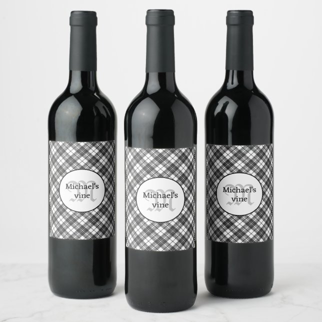Tartan pattern Christmas black white Monogram Wine Label (Bottles)