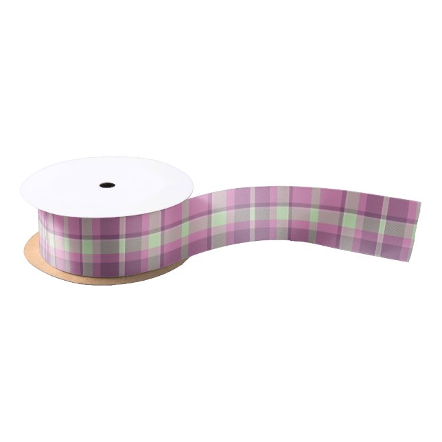 Tartan Pattern Plum and Soft Green ID210 Satin Ribbon (Spool)