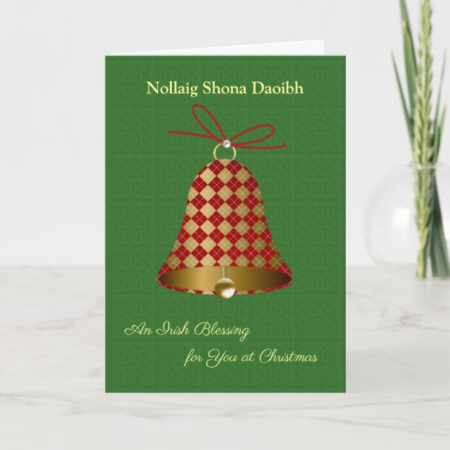 Tartan patterned Christmas bell Irish gaelic Holiday Card (Front)