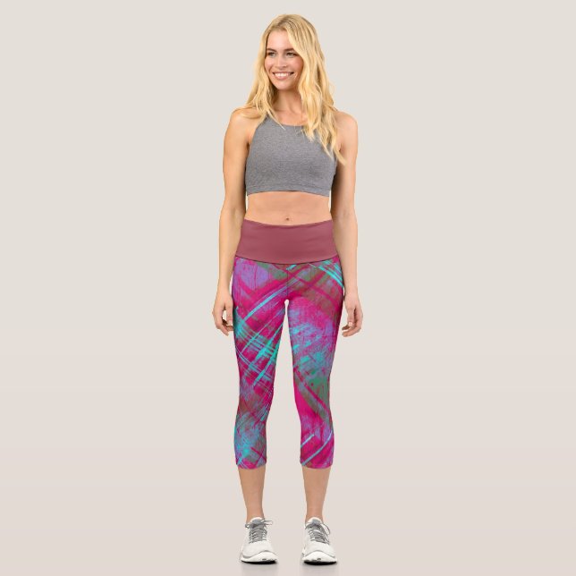Tartan Pink Purple Aqua Plaid Maroon Waistband  Capri Leggings (Front)