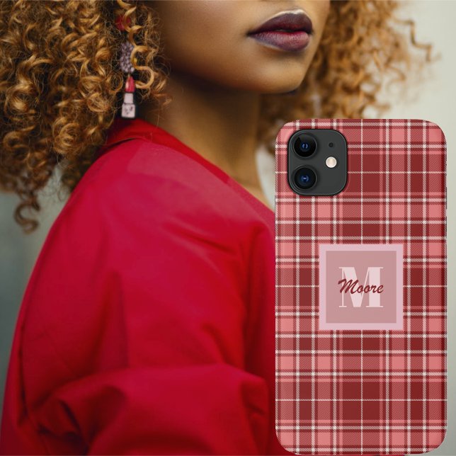 Tartan - Pink Red and Cement White Case-Mate iPhone Case (Match to your wardrobe with this Modern red to pink tricolor tartan)