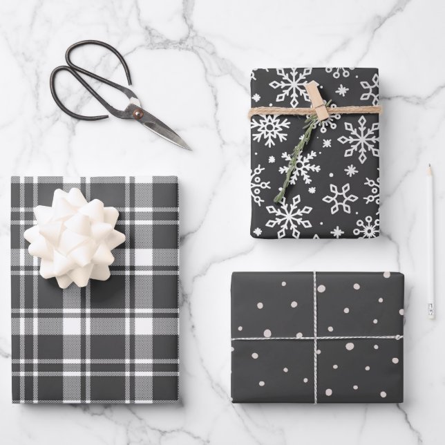 Tartan Plaid and Snowflake Monochrome Wrapping Paper Sheet (Front)