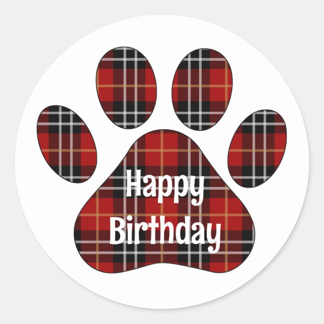 Tartan Plaid Birthday Pawprints Classic Round Sticker (Front)