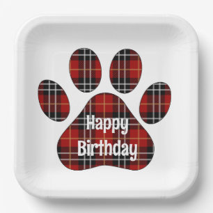 Tartan Plaid Birthday Pawprints Paper Plate