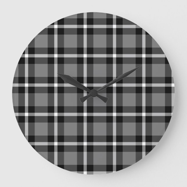 Tartan Plaid Black, Grey & White No. 48 Large Clock (Front)