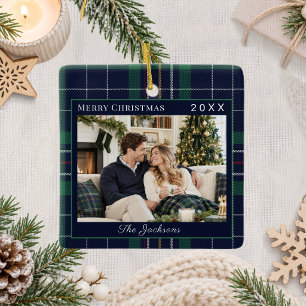 Tartan Plaid Blue Green Photo Christmas Ceramic Ornament