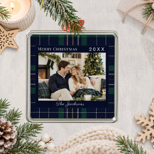 Tartan Plaid Blue Green Photo Christmas Metal Ornament