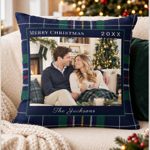 Tartan Plaid Blue Green Photo Christmas Throw Pillow