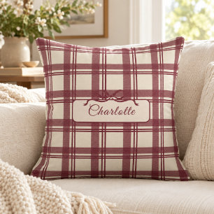 Tartan Plaid Burgundy Cream Bow Name Throw Pillow