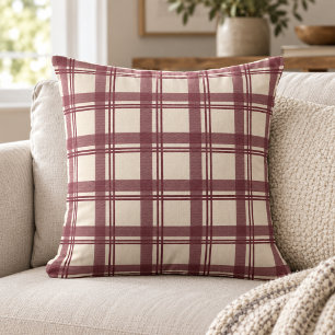 Tartan Plaid Burgundy Cream Throw Pillow