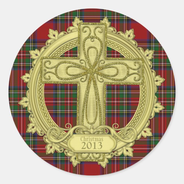 Tartan Plaid Celtic Cross Christmas Xmas Classic Round Sticker (Front)