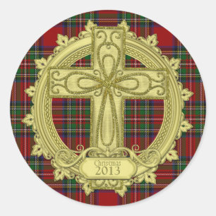 Tartan Plaid Celtic Cross Christmas Xmas Classic Round Sticker