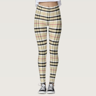 Tartan Plaid Checkered Pattern Leggings in Beige