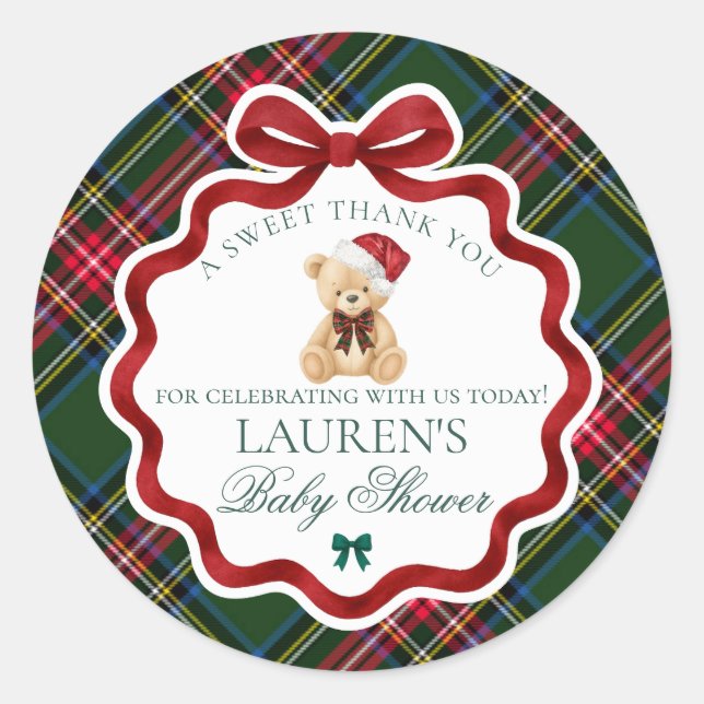 Tartan Plaid Christmas Bear Baby Shower Favor Classic Round Sticker (Front)