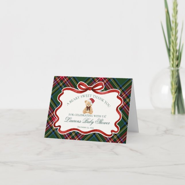 Tartan Plaid Christmas Bear Baby Thank You Card  (Front)