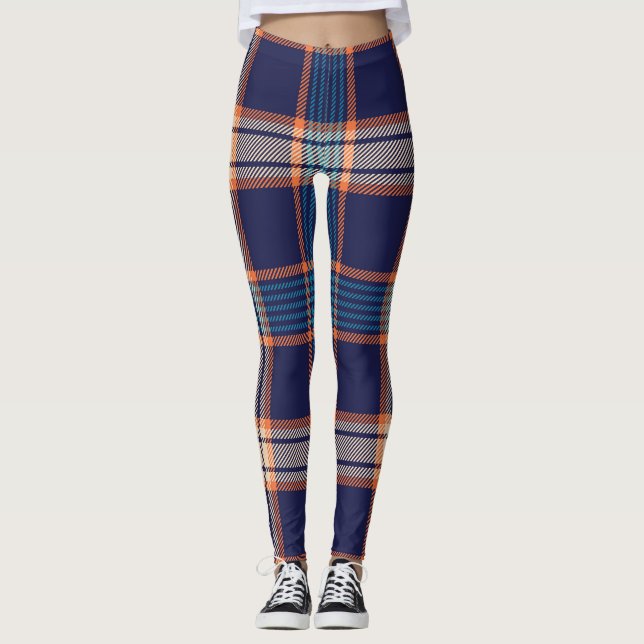 Tartan plaid, colourful navy texture. leggings (Front)