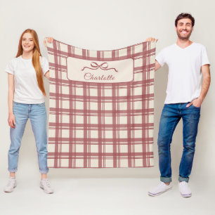 Tartan Plaid Cream Red Bow Christmas Fleece Blanket
