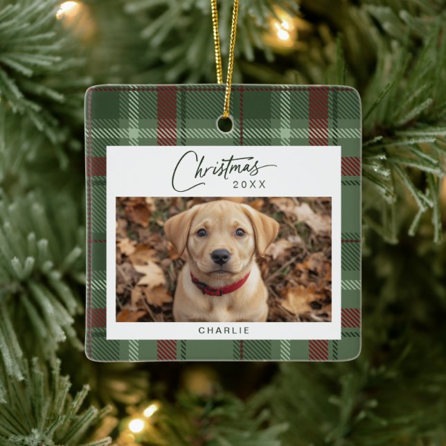 Tartan Plaid Dog Photo Christmas Ceramic Ornament (Tree)